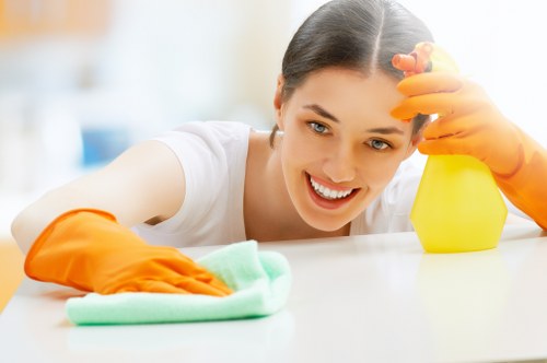 Professional carpet cleaner working on a living room carpet