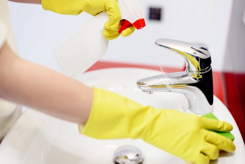 Professional technician cleaning gutters